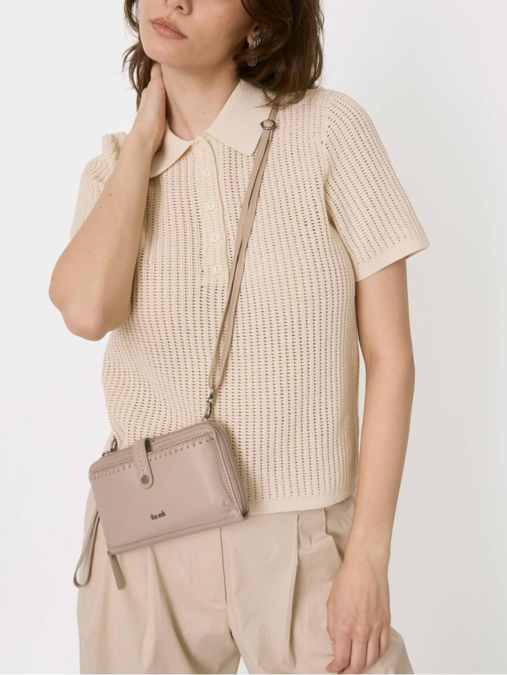 The Sak Leather Minimalist Crossbody Wallet Bag in Taupe